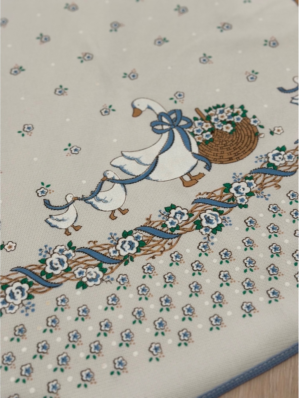 RARE Vintage Blue Ribbon Goose Floral Basket Cottage 64" Round Tablecloth 90s